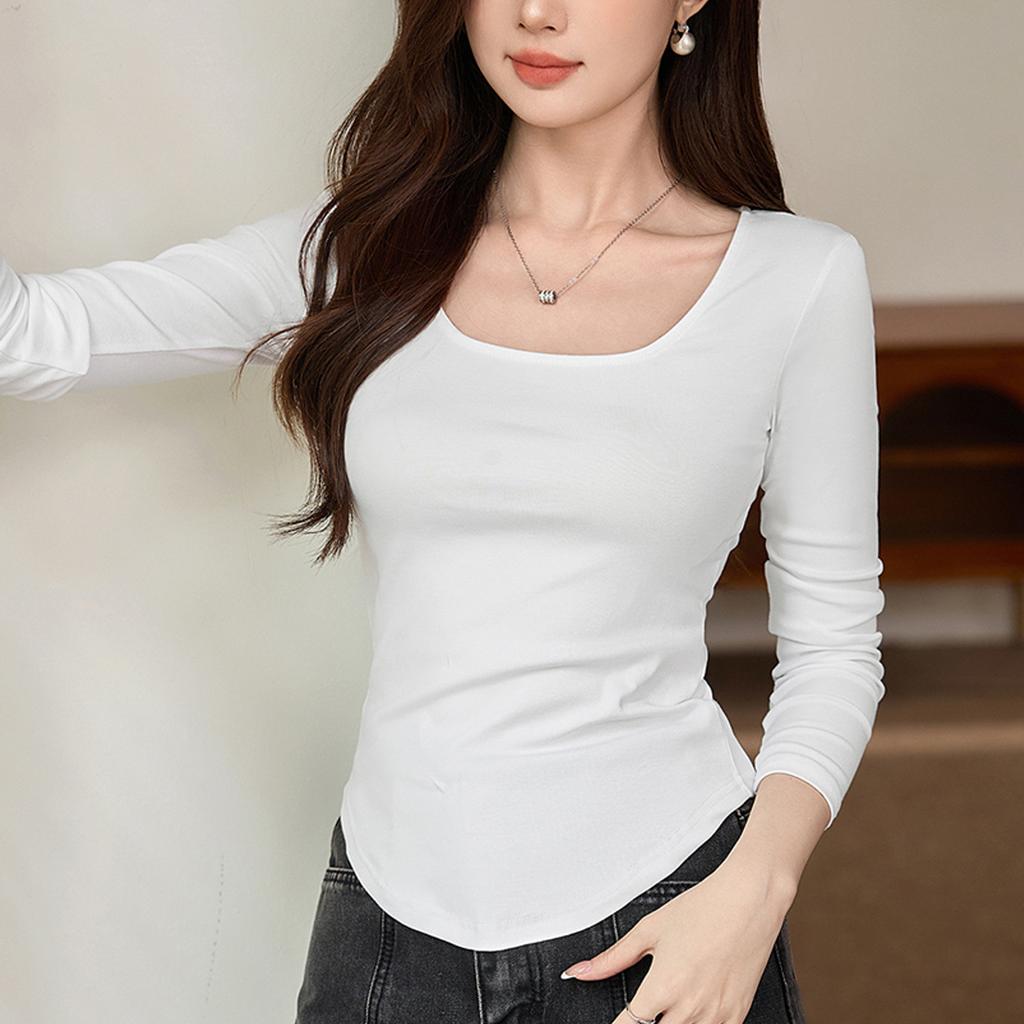 Футболка с квадратным воротником, женская, с длинным рукавом, осенняя, новая, нерегулярная, изогнутая, утягивающая рубашка