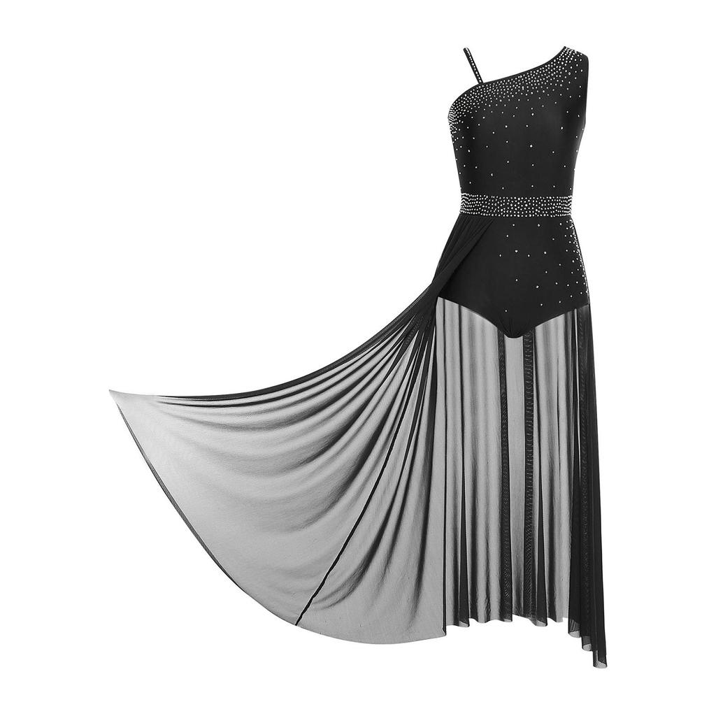 Womens Lyrical Dance Dress Glittery Rhinestones Asymmetrical Shoulder Sleeveless Split Sheer Mesh Performance Gown