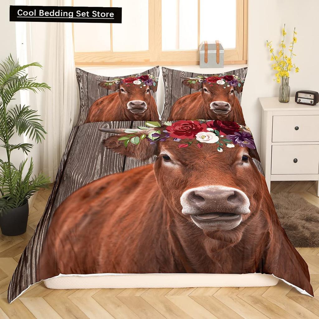 Highland Cow Flower King Queen Duvet Cover Cattle Rose Bedding Set Western Animal Comforter Cover Farmhouse Bull Quilt Cover