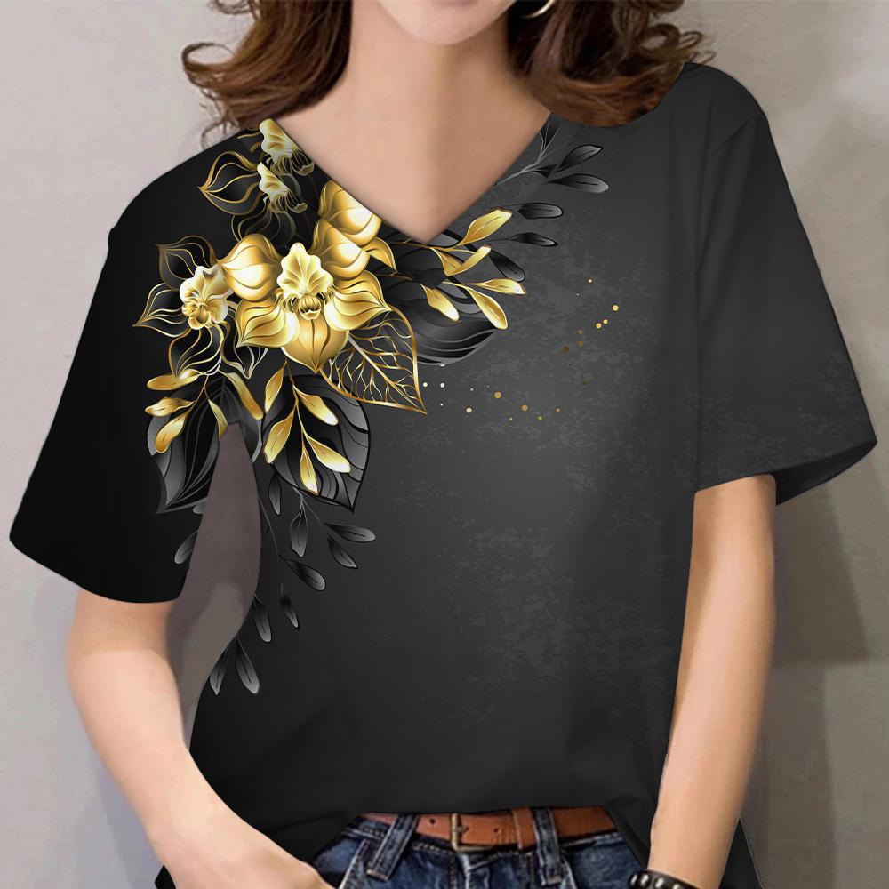 Женские топы с 3D цветочным принтом и коротким рукавом с V-образным вырезом, летние футболки для влюбленных пар