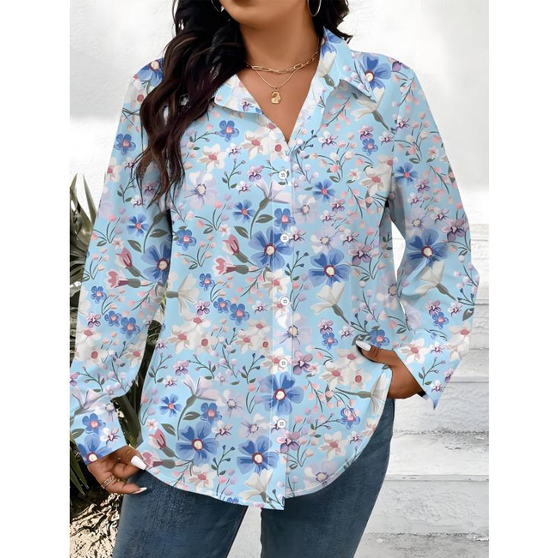 Plus size women's long-sleeved shirt, fresh floral printed shirt, blue and pink floral style mid-length girl's shirt