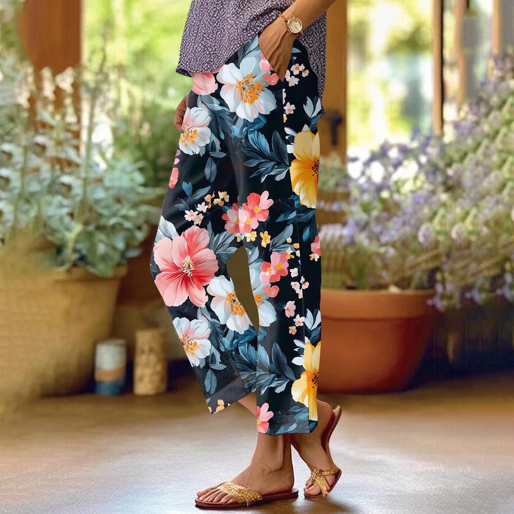 Women's Fashionable Floral Print Straight Leg Pocket Elastic Waist Casual Pants Pants
