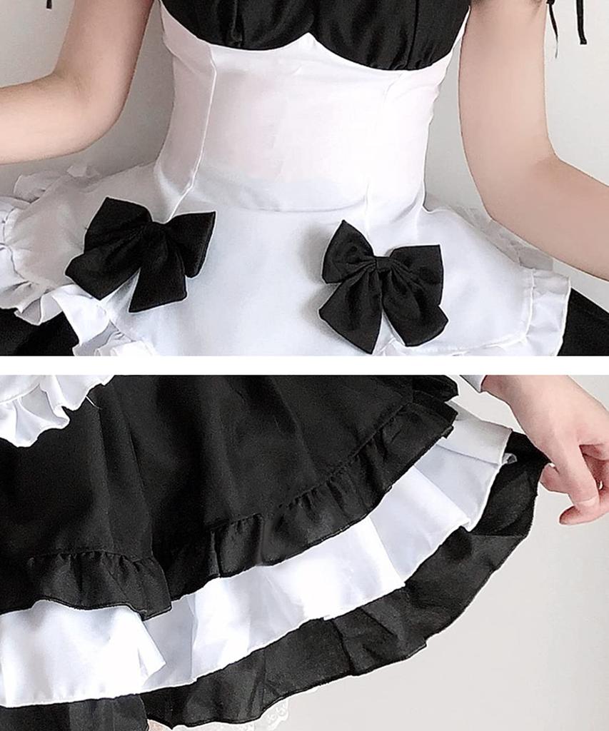 Maid Costume Cosplay Puff Mini Light Black and White Black and White [Milky Time] Dress, Sleeves, Length, Blue, (Includes Ribbon)