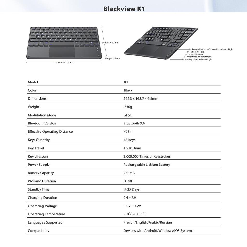 Blackview Беспроводная английская клавиатура Oscal K1 Bluetooth для планшетов Android IOS Windows