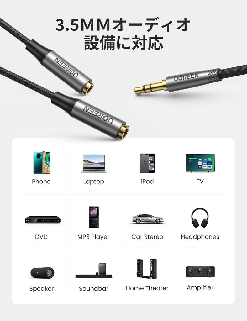 Ugreen Аудиокабель Кабель-разветвитель 3 Разветвитель для наушников Удлинительный кабель для наушников Стереозвук Высокопрочная нейлоновая оплётка Позолоченные 24K