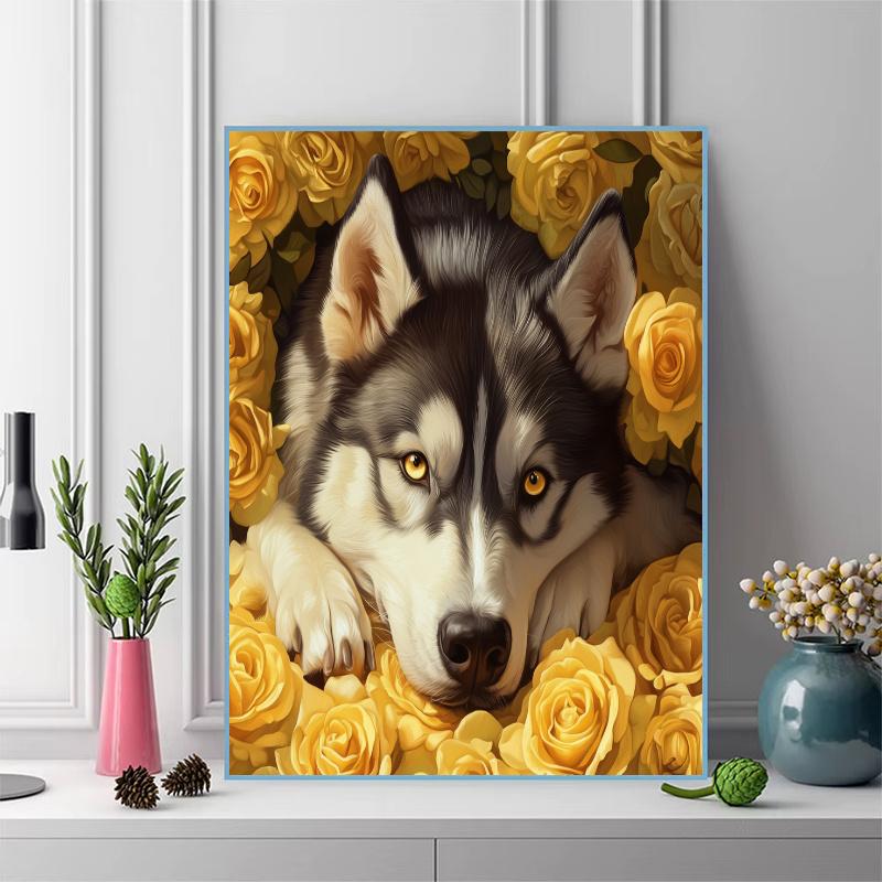 Siberian Husky and flowers Pattern 3pcs 100% Round Full Drill 5D DIY Diamond Painting Embroidery Cross Stitch Rhinestone Décor