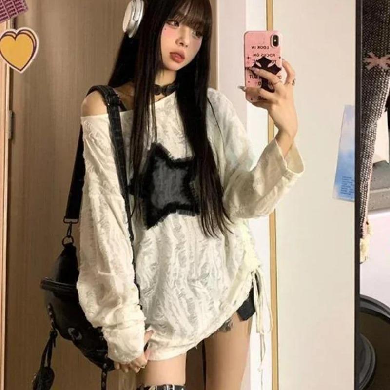 2KWEIRD Гранж Футболка с дырками Женская Мода Принт Звезда Y2k Эстетика Свободные Футболки Kpop Fairycore Рваная Футболка Харадзюку Готика Уличная Одежда