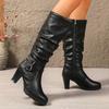 Pleated Tall Boots Women's Fashion Round Toe Side Zipper Metal Buckle Anti-Slip Wear-Resistant High Heels