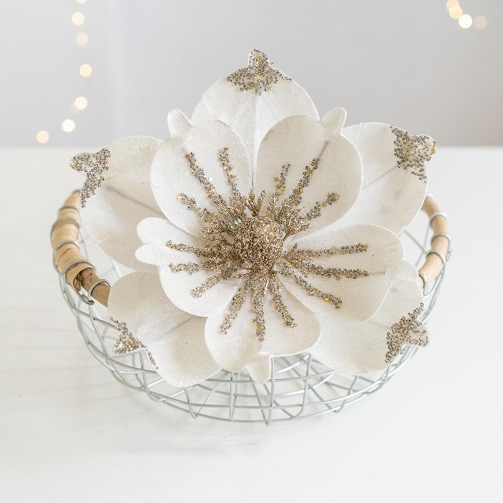 Sequin Artificial Poinsettia Glitter Flower 25cm 3D Simulation Magnolia  New Year Gifts