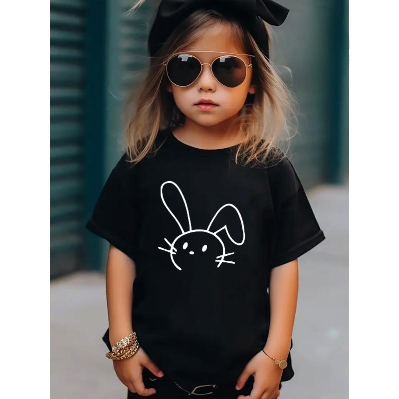 European sizes Girl's T-shirt with Line Rabbit Print, Fun and Cartoon Pattern, Cute Short Sleeve Top for Kids, Toddlers