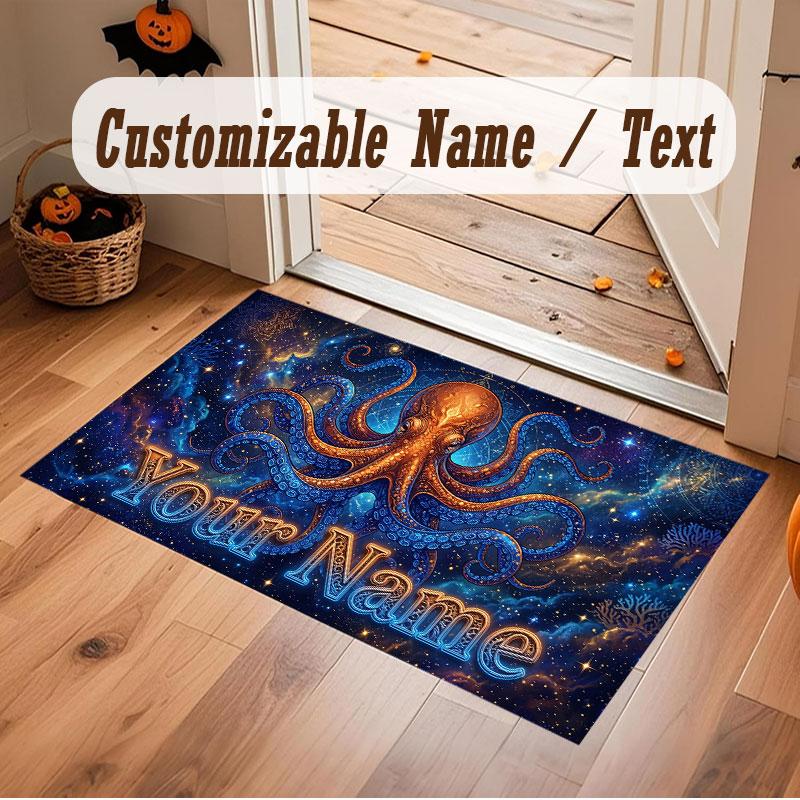 Octopus Sea Life Theme Crystal Velvet Floor Rug Personalized Custom Name Text Warm Carpet Home Decoration