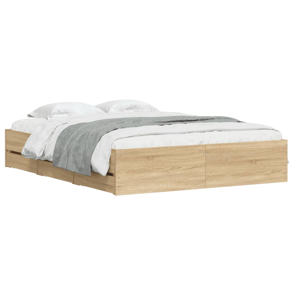 Bed Frame with Drawers Sonoma Oak Finish 140x200 cm Particleboard