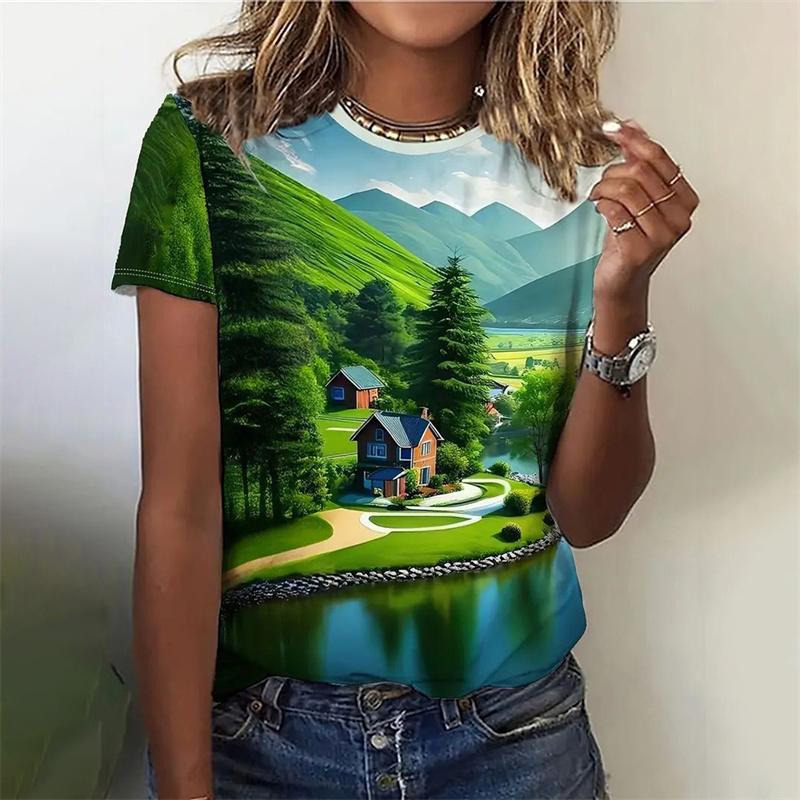Летний топ с круглым вырезом и 3D-принтом в виде мультяшного здания, модная повседневная женская футболка с коротким рукавом
