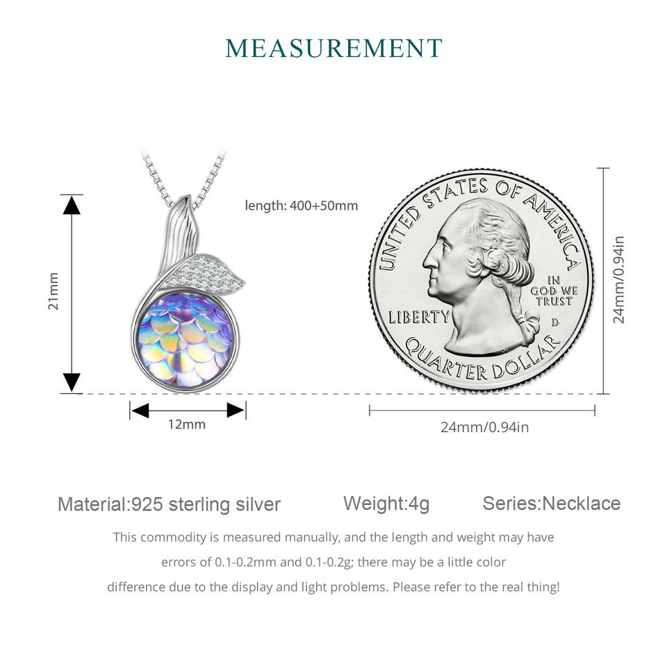 BAMOER 925 Sterling Silver Mermaid Fishtail Pendant Necklace Colorful Fish Scales Neck Chain for Women Fine Jewelry Gift