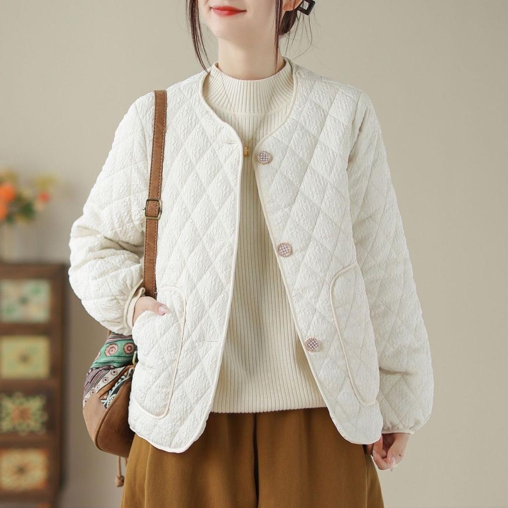 Повседневное хлопковое пальто с подкладкой, женские винтажные тонкие стеганые женские куртки с круглым вырезом и длинными рукавами на пуговицах, весна 2025, модные женские парки, пальто