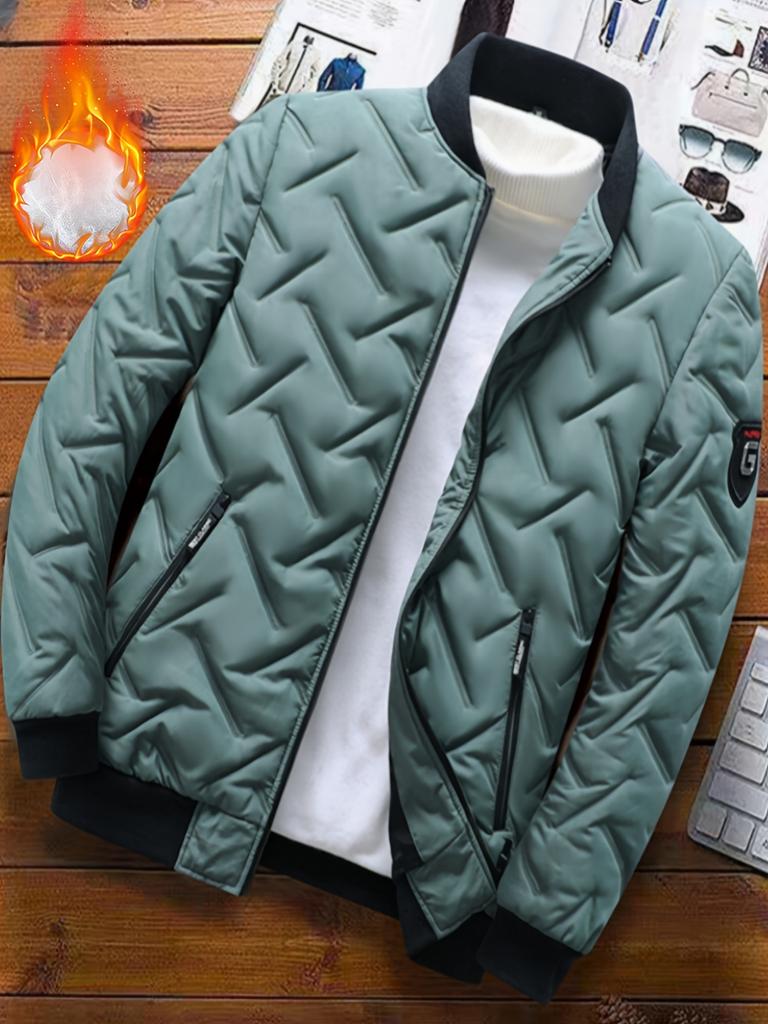 Men'S Casual Striped Polyester Jacket with Zipper, Baseball Collar, and Non-Stretch Fabric - Woven Fall/Winter Warmth Coat Outerwear, Thick