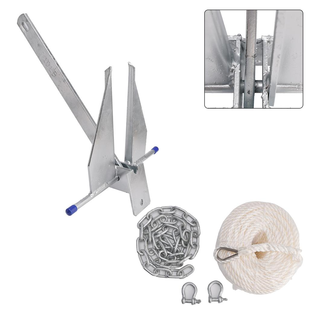 10 Lbs Steel Slide Anchor Hot-Dipped Anchor Kit Chain&Rope Set Silver For Boat