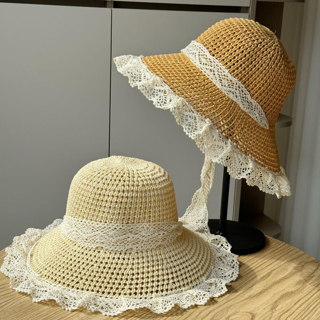 Шляпа из соломы с кружевом и ленточками, женская, весна-лето, дорожная, солнцезащитная, пляжная, пляжная, солнцезащитная шляпа, козырек от солнца