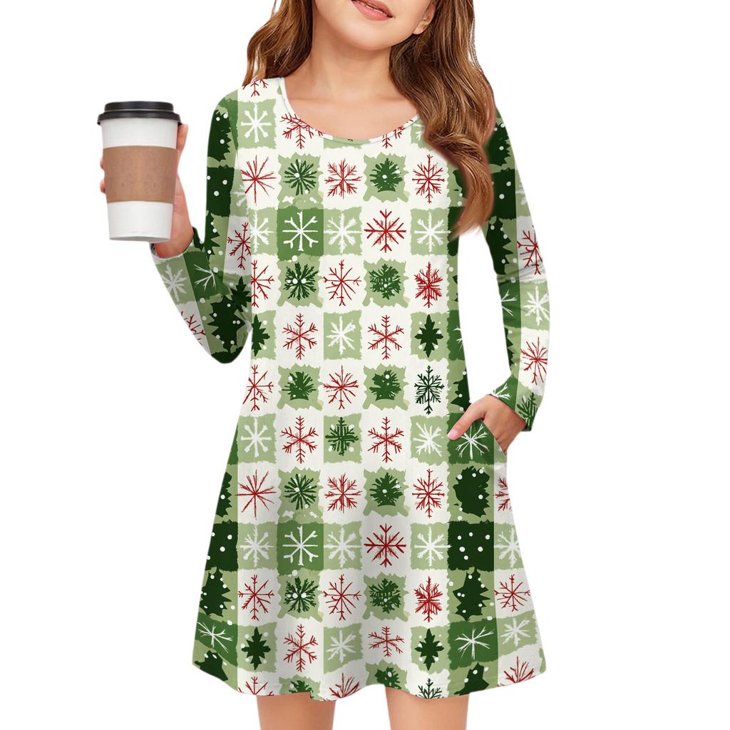 Christmas Day Girls' Long Sleeve Dress - Color Pocket Dress
