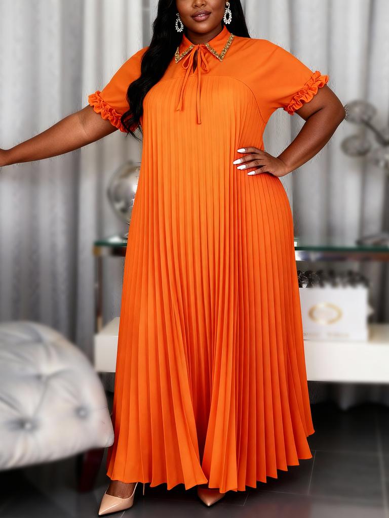 AOMEI Women Plus Size Elegant Pleated Maxi Dress Tie Neck Short Sleeve Modest Church Flowy Loose Fit Dresses