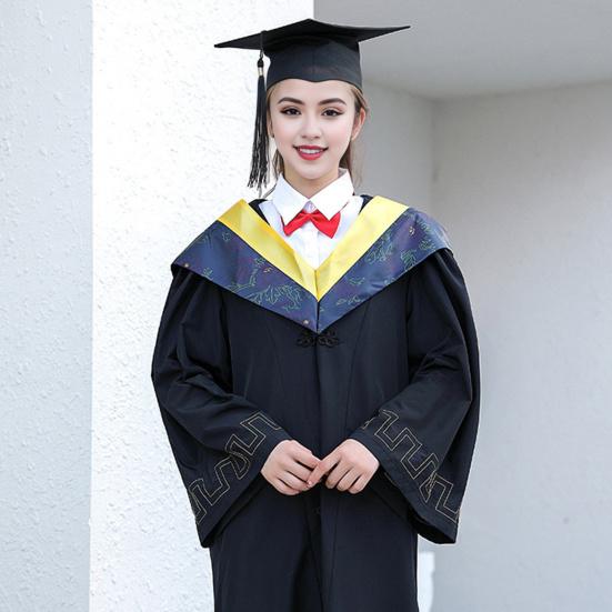 Bachelor Uniform with Hat V Neck Knee Length Long Sleeve Hidden Button Liberal Arts Student Graduation Robe Graduation Party Clothes