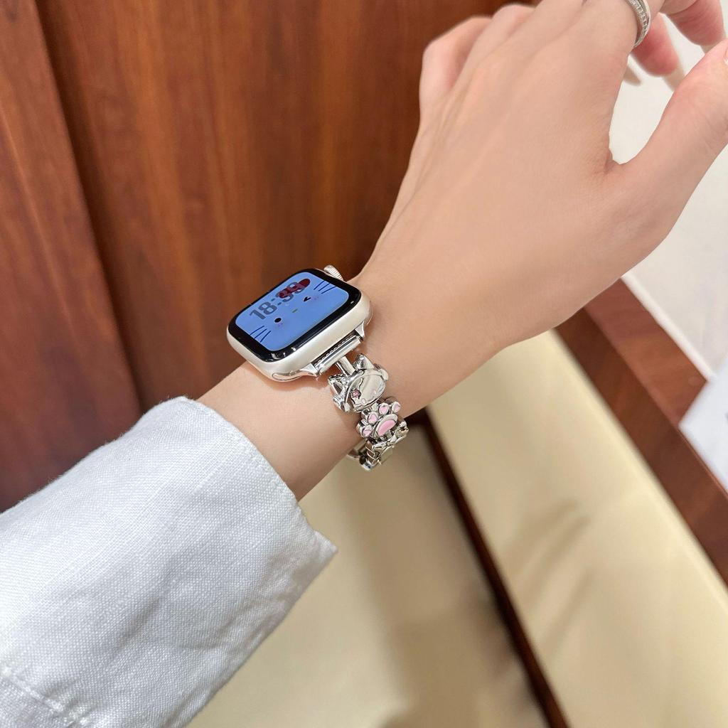 Совместимый ремешок для Apple Watch с дизайном кошки, металлический браслет iWatch SE Series 10 для женщин