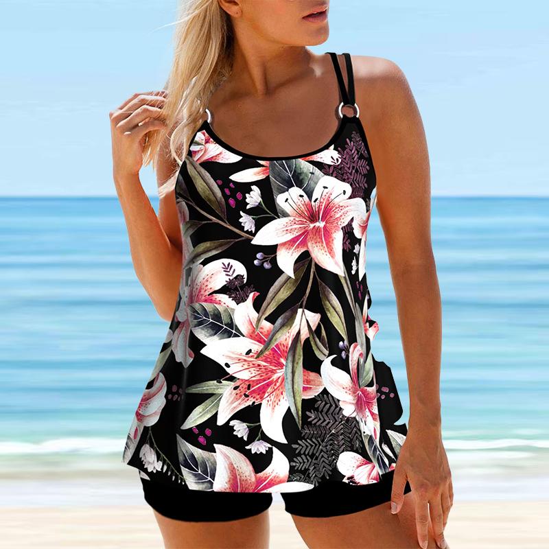 Женский купальник с бретелями, синий купальник-бикини с графическим принтом, купальник-танкини