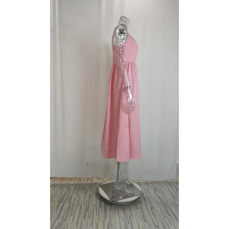 Women's Summer Solid Color Sexy U Neck Waisted Pleated Halter Swing Dresses