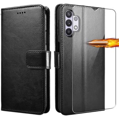 Кошелек-чехол PROSHOP для Samsung Galaxy A32 5G - Эффект черной кожи - Закаленное стекло - Ударопрочная защита