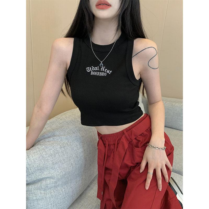 Women's Tank Top Ribbed Knitted Embroidery Letter Vest Female Summer Clothing Crop Top White Black Casual Short Tight Sport Tops