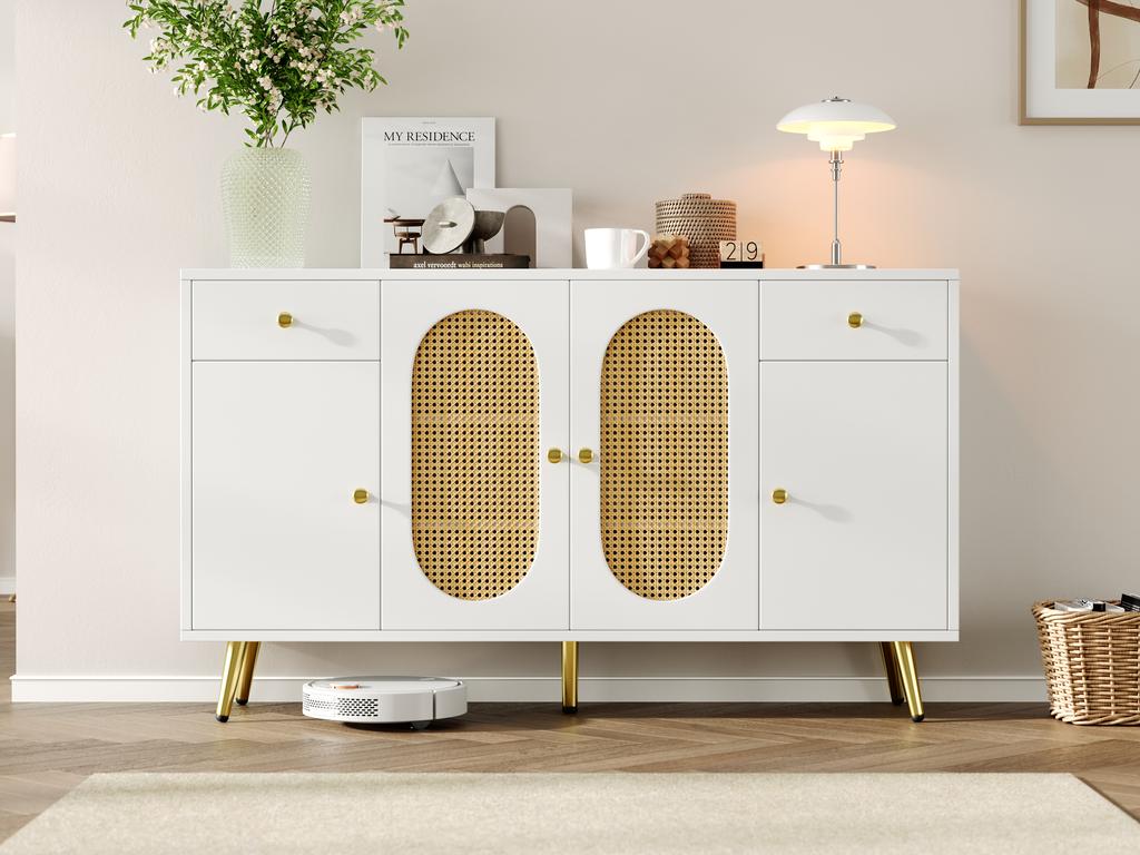 Chest of Drawers, Sideboard; with 2 Drawers and 4 Doors; Shelves Height-Adjustable; White and Natural Tones, Dimensions: W140 x D35 x H82 cm