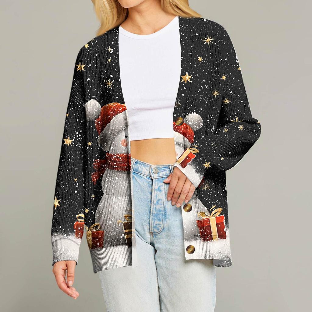 Женский модный кардиган с длинным рукавом, V-образным вырезом, на пуговицах, свободного кроя, с рождественским принтом
