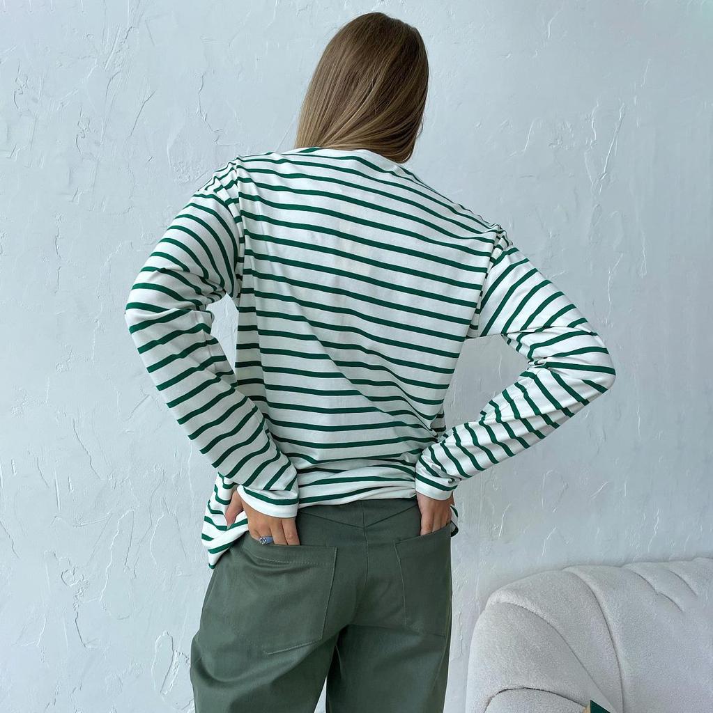 Летняя женская футболка с длинным рукавом и круглым вырезом в полоску