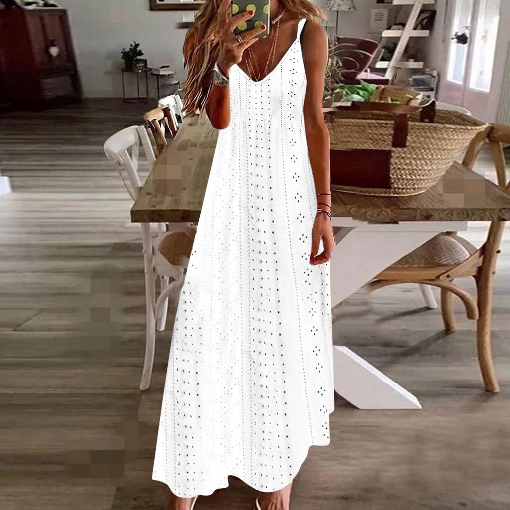 Women's Hollowed Out Vacation Long Dress Color Sleeveless Suspender V-neck Dress