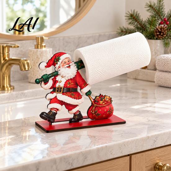Cute Christmas Home Decor Paper Towel Holder 2D Flat Wooden Santa/Elf Boy/Reindeer Toilet Holder Stand Countertop Napkin Dispenser for Holiday