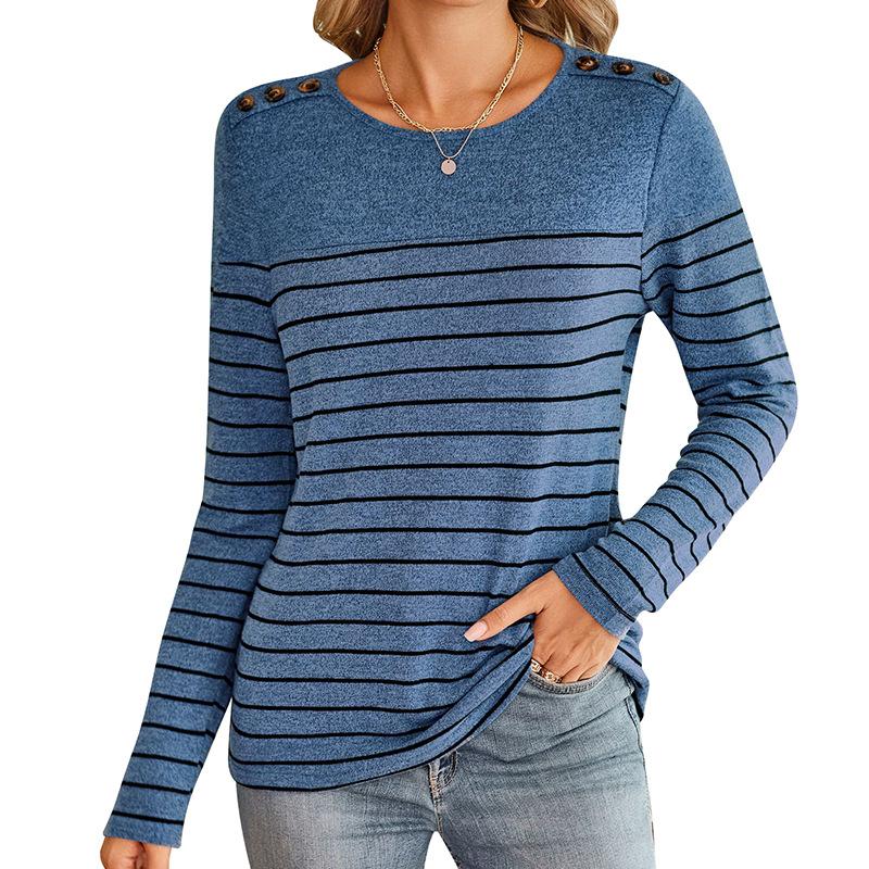 Женская блузка осень-зима в полоску, контрастные цвета, круглый вырез, длинный рукав, топ на пуговицах