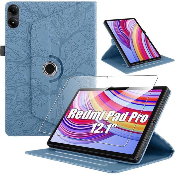 Coque + Verre Trempé pour Xiaomi Redmi Pad 2 Pro / Pad Pro 12,1 Pouces, Etui Rotatif Cuir PU Bleu