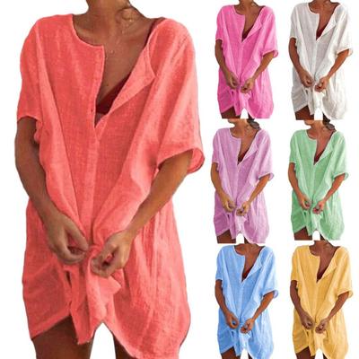 Плюс размер женщин сплошной цвет с коротким рукавом V-образным вырезом пуговицы свободная рубашка мини-платье