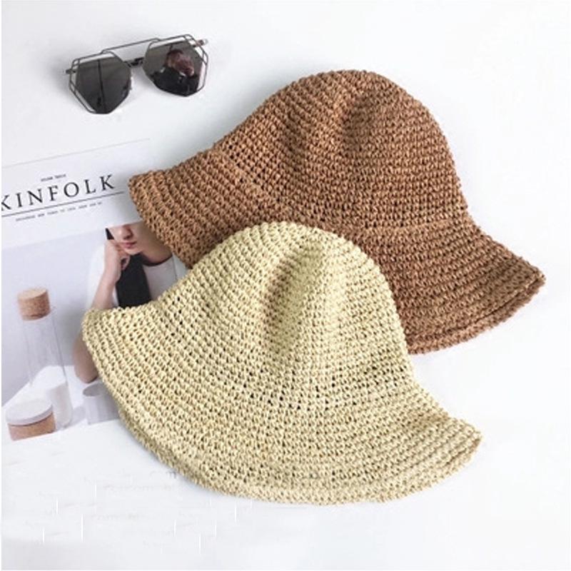 Women's Foldable Hand-Crocheted Straw Beach Hat with Rolled Brim