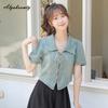 Летняя женская уличная одежда в корейском стиле, короткая джинсовая блузка с отложным воротником, повязка, элегантная женская рубашка