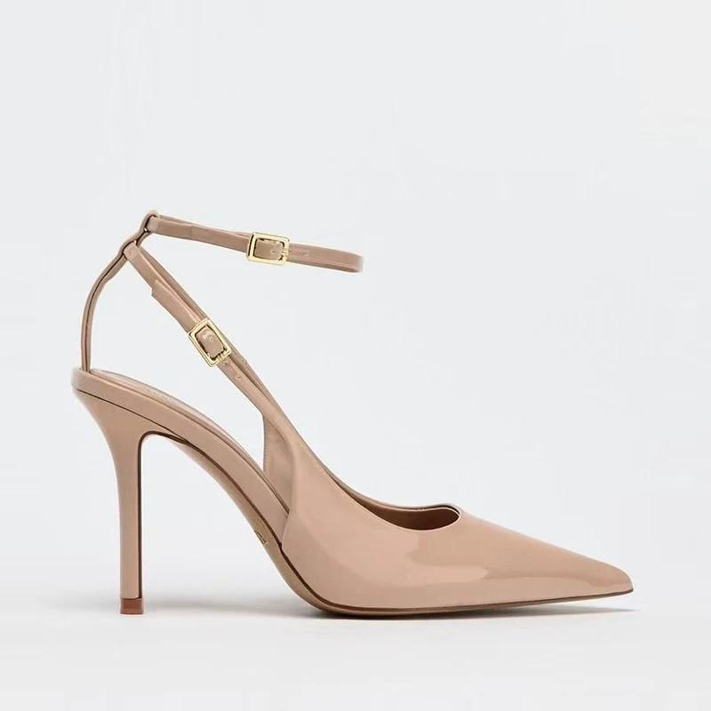 Summer New Baotou Patent Leather Stiletto Sandals Women's Pointed Toe Shallow Mouth Slip Strap Non-slip High Heels