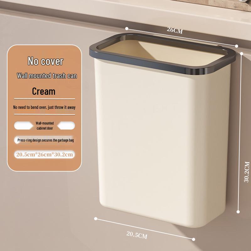 Kitchen Hanging Trash Can, Cream White Wall-Mounted with Lid, No-Marking Sticker, Household Cupboard Waste Basket.