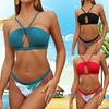 Women's Cutout Bandeau Bikini Set Print Low Waisted Bottom 2 Piece Neck Split Swimsuit