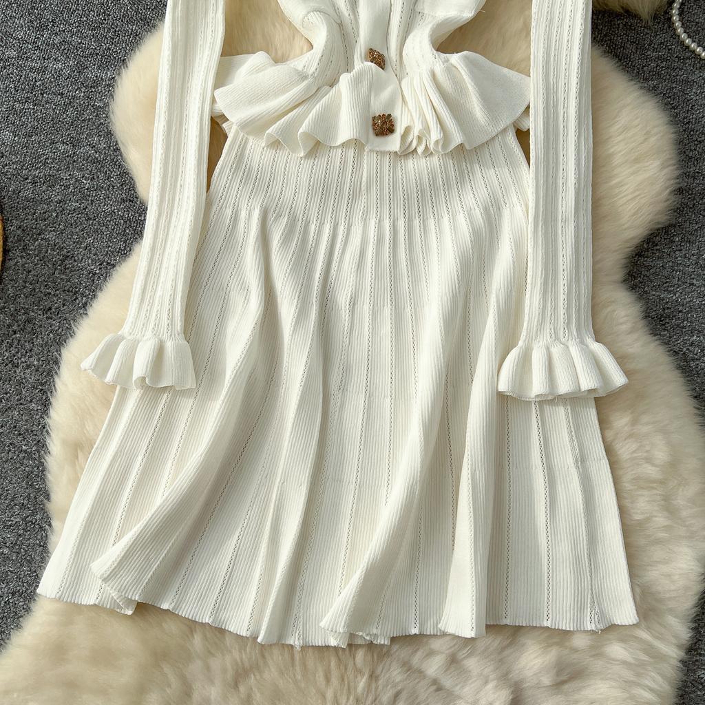 Элегантные вязанные винтажные шикарные платья с V-образным вырезом и длинными рукавами, облегающие платья для офисных леди во французском стиле, одежда для улицы, осень-зима