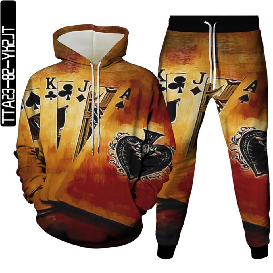 Мужская уличная модная одежда с покерным рисунком и 3D принтом, спортивный костюм Homme, комплект из 2 предметов, толстовки, спортивные штаны большого размера, S-6XL