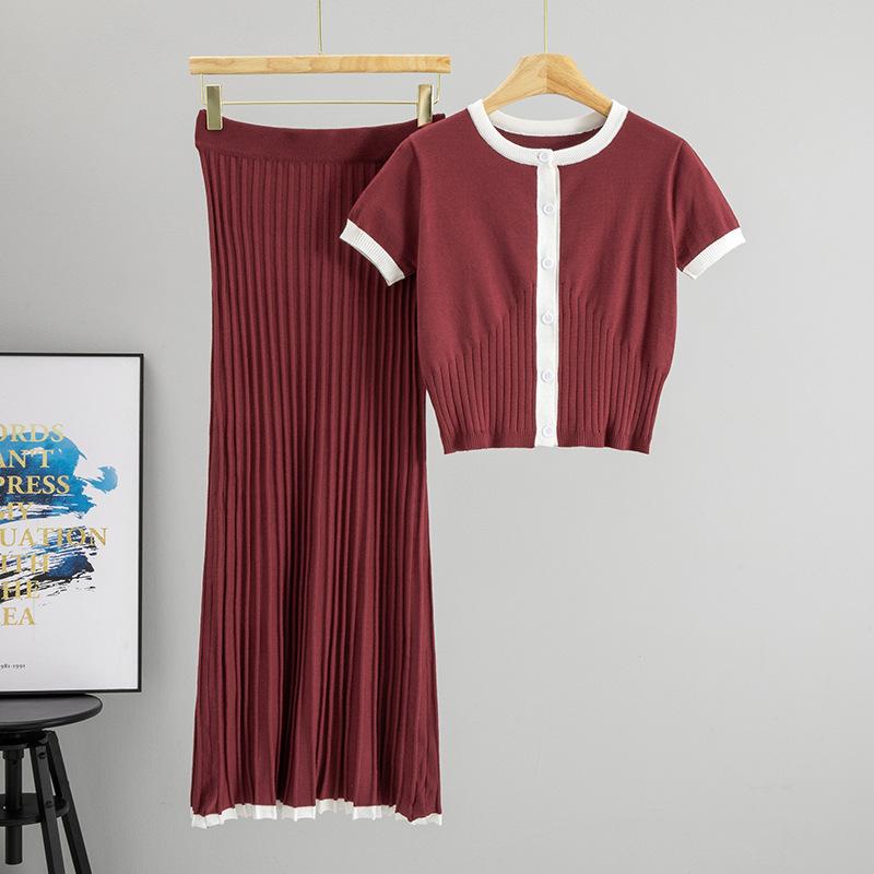 Новый модный трикотажный топ с короткими рукавами и круглым вырезом в стиле колледжа с цветными блоками и облегающая плиссированная мини-юбка с завышенной талией, комплект из двух предметов