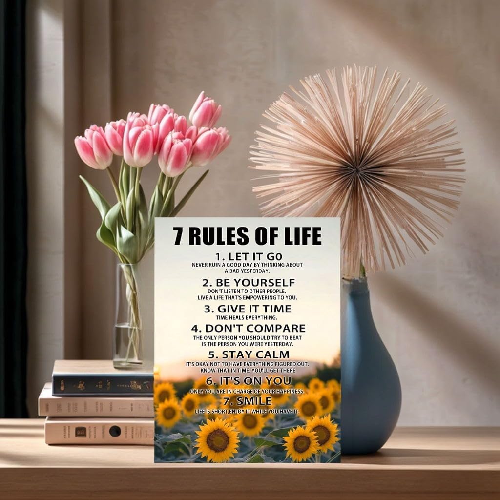 Motivational Wall Decor for Office & Classroom - 7 Rules of Life pirational Positive Affirmations Wall Art, Sunflowers Uplifting Quotes Canvas