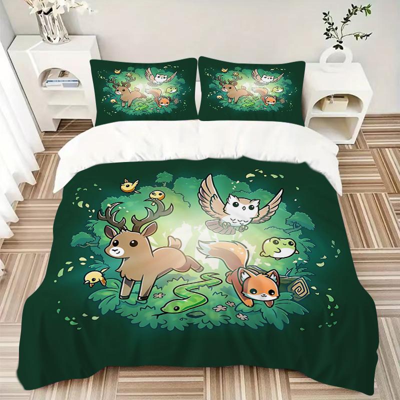 3pcs Cute Little Animals Quilt Set - Soft and Comfortable Bedroom, Guest Room and Dorm Decor Bedding Set 1 Quilt Cover + 2 Pillowcases.N029