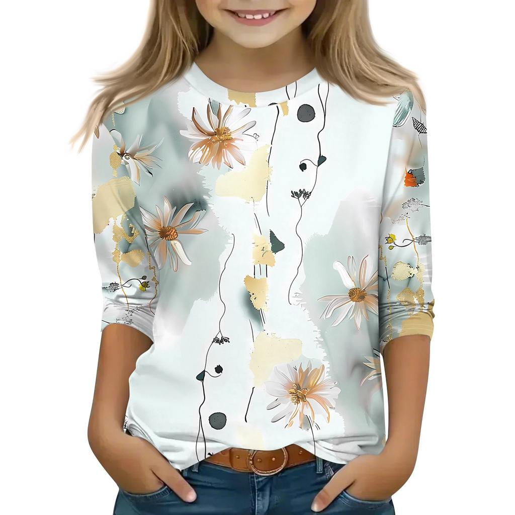 Детская футболка с рукавом 3/4, повседневная футболка с принтом, круглый вырез, блузка-пуловер