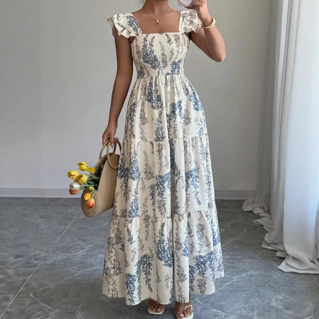 Французское платье с квадратным вырезом талия длинное платье Европейское и американское новое летнее